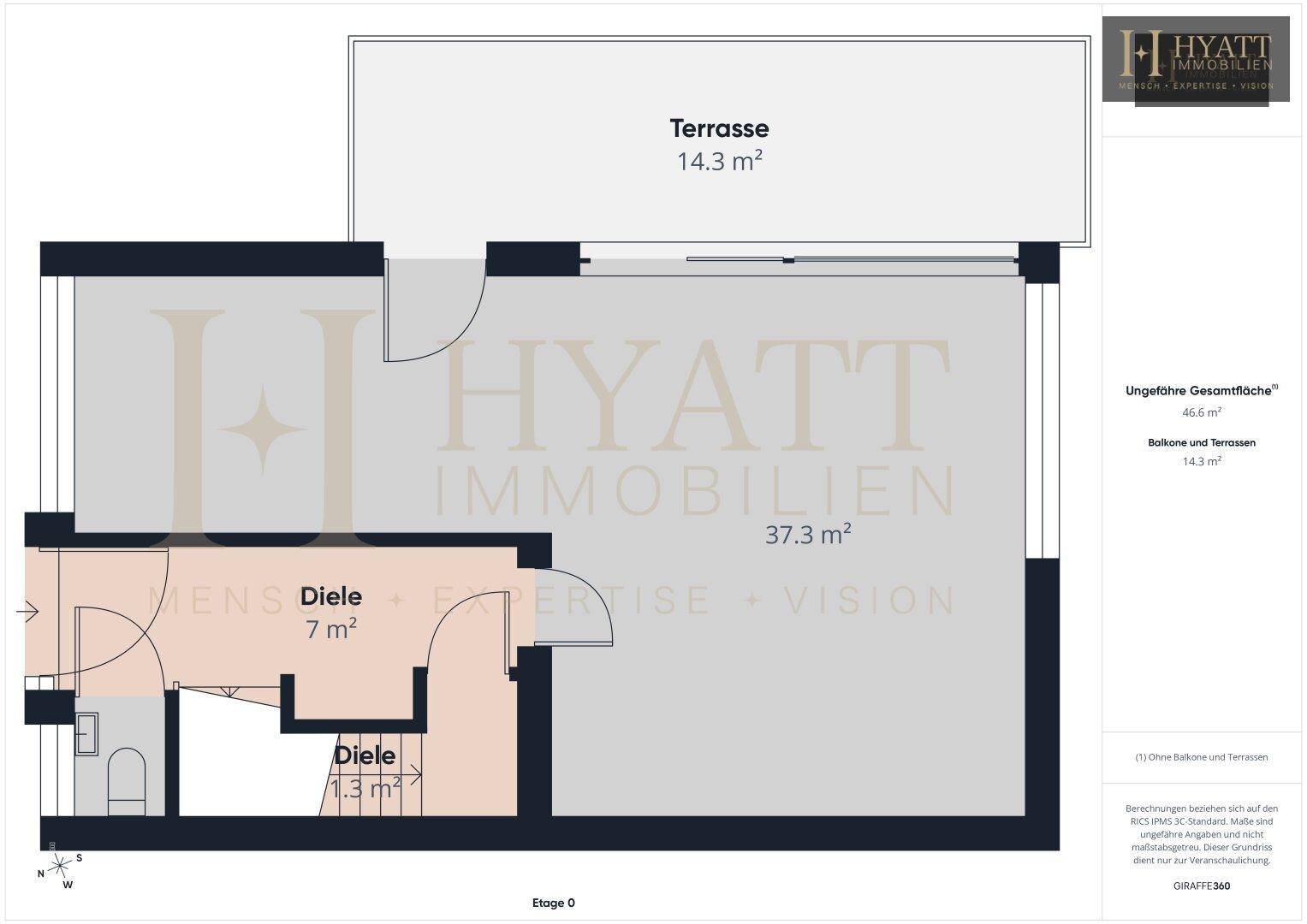 Grundriss der Etage 0 mit großer Terrasse und Eingangsbereich.