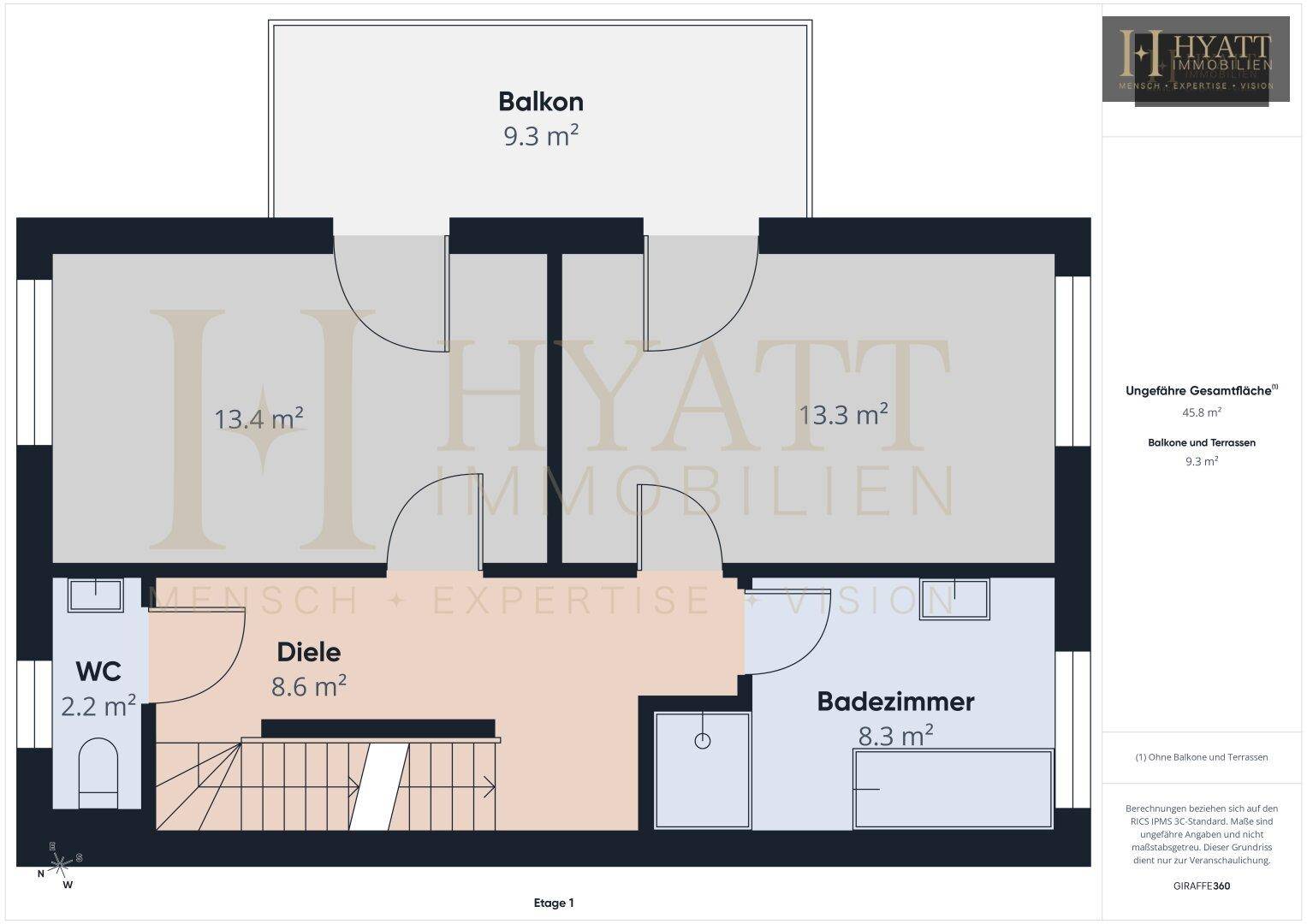 Grundriss der Etage 1 mit Balkon, Badezimmer und separatem WC.