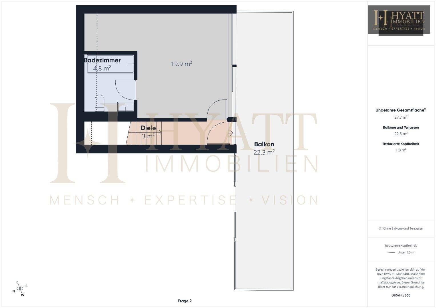 Grundriss der obersten Etage mit großem Balkon und Badezimmer.