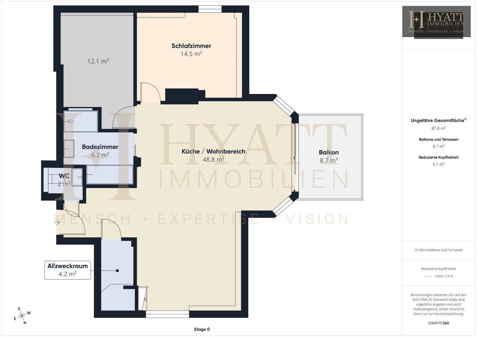 Grundriss der Etage 0 mit offener Küche/Wohnbereich, Schlafzimmer, Bad und Balkon.