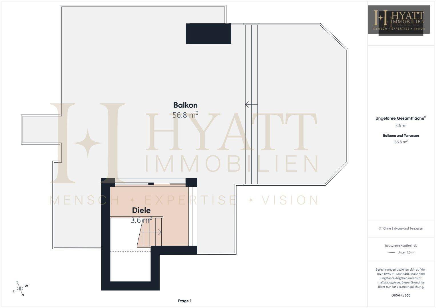 Grundriss der Etage 1 mit großem Balkon und Diele mit Treppenaufgang.