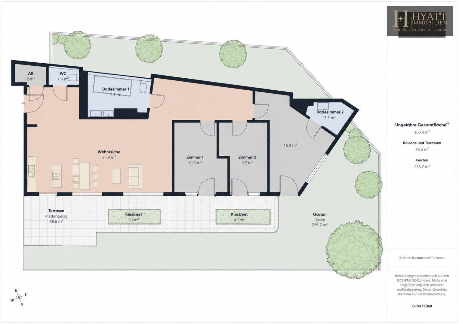 Detaillierter Grundriss der Wohnung mit Wohnküche, zwei Zimmern und großzügiger Terrasse.