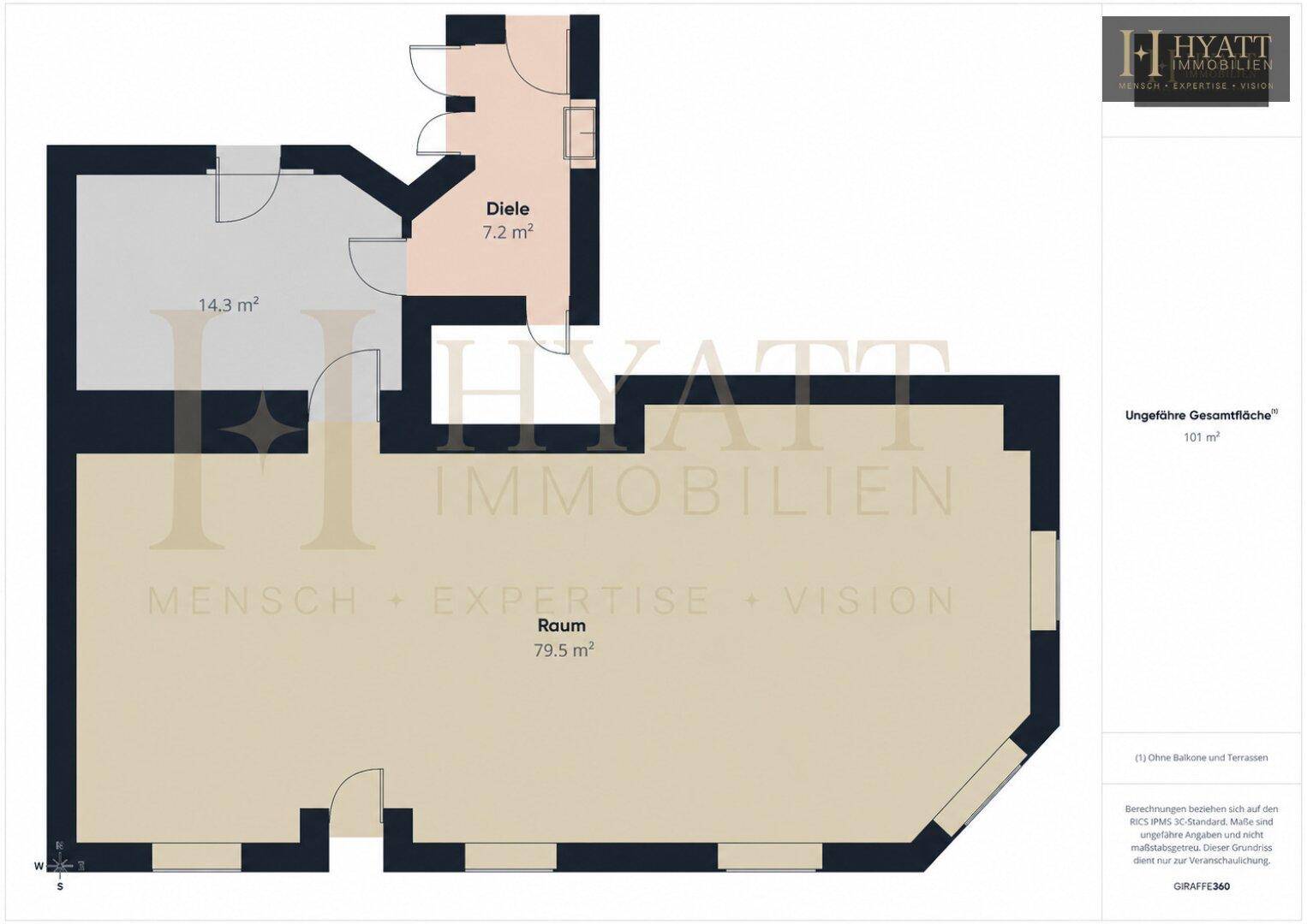 Grundrissplan zeigt einen großen Raum von 79,5 m² und eine Diele von 7,2 m².