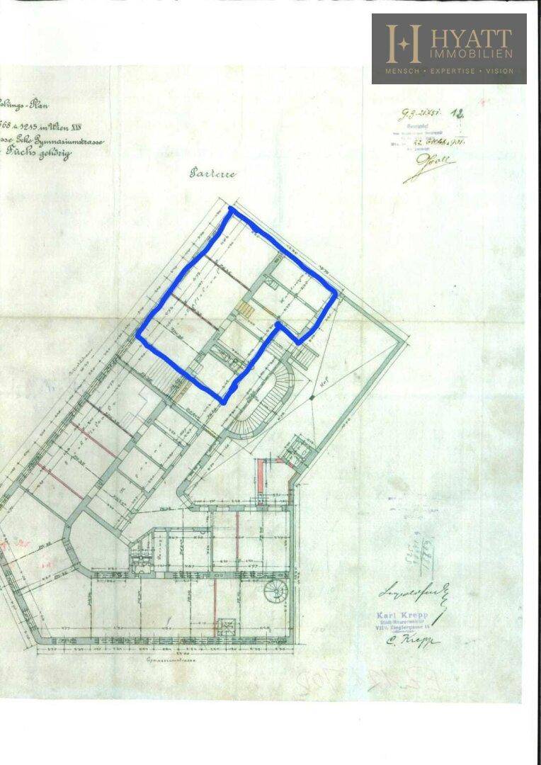 Historischer Grundriss mit blau markiertem Bereich, der die Raumaufteilung zeigt.