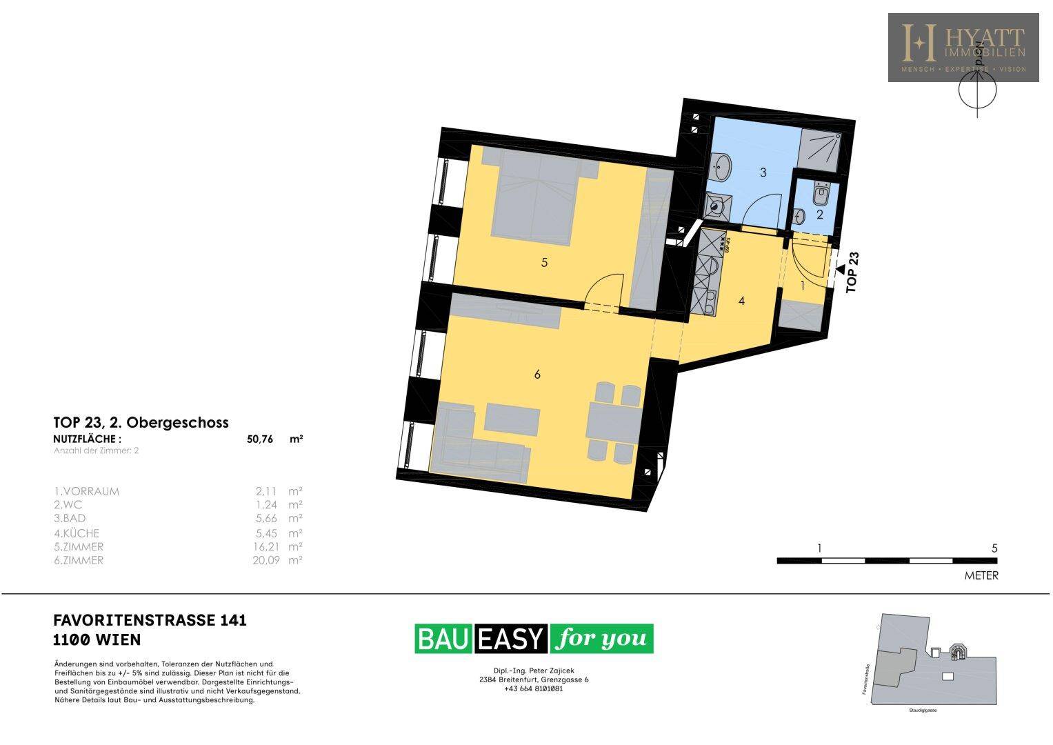 Grundriss der Wohnung Top 23 im 2. Obergeschoss mit 50,76 m² Nutzfläche und klarer Raumaufteilung.