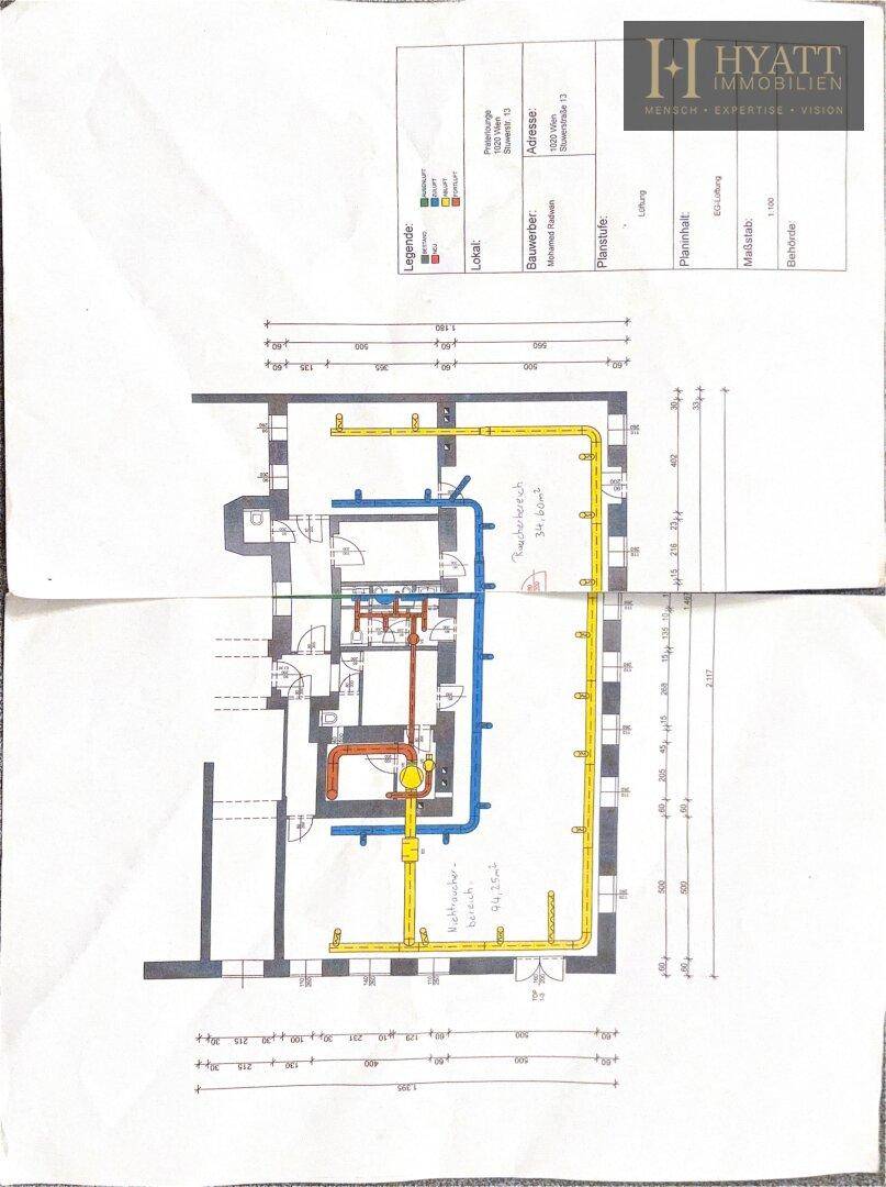 Grundriss mit eingezeichneten Leitungen und Raumaufteilung des Gebäudes.
