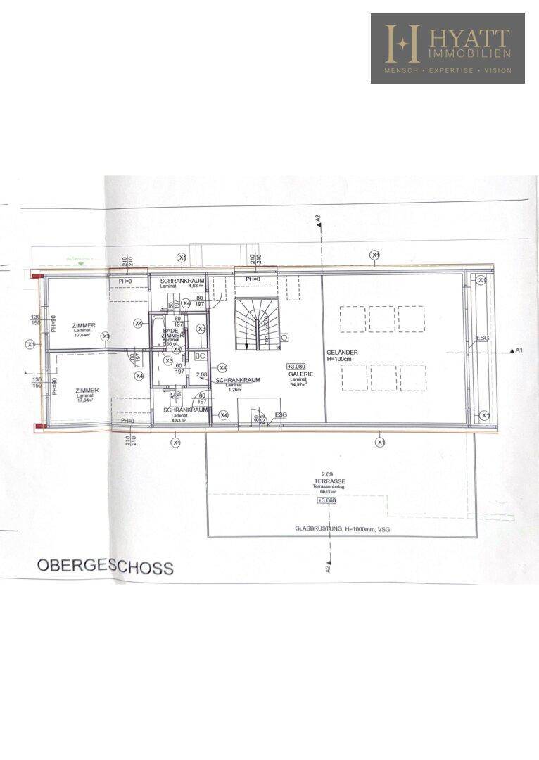 Technischer Grundriss des Obergeschosses mit Schlafzimmern und Galeriebereich.