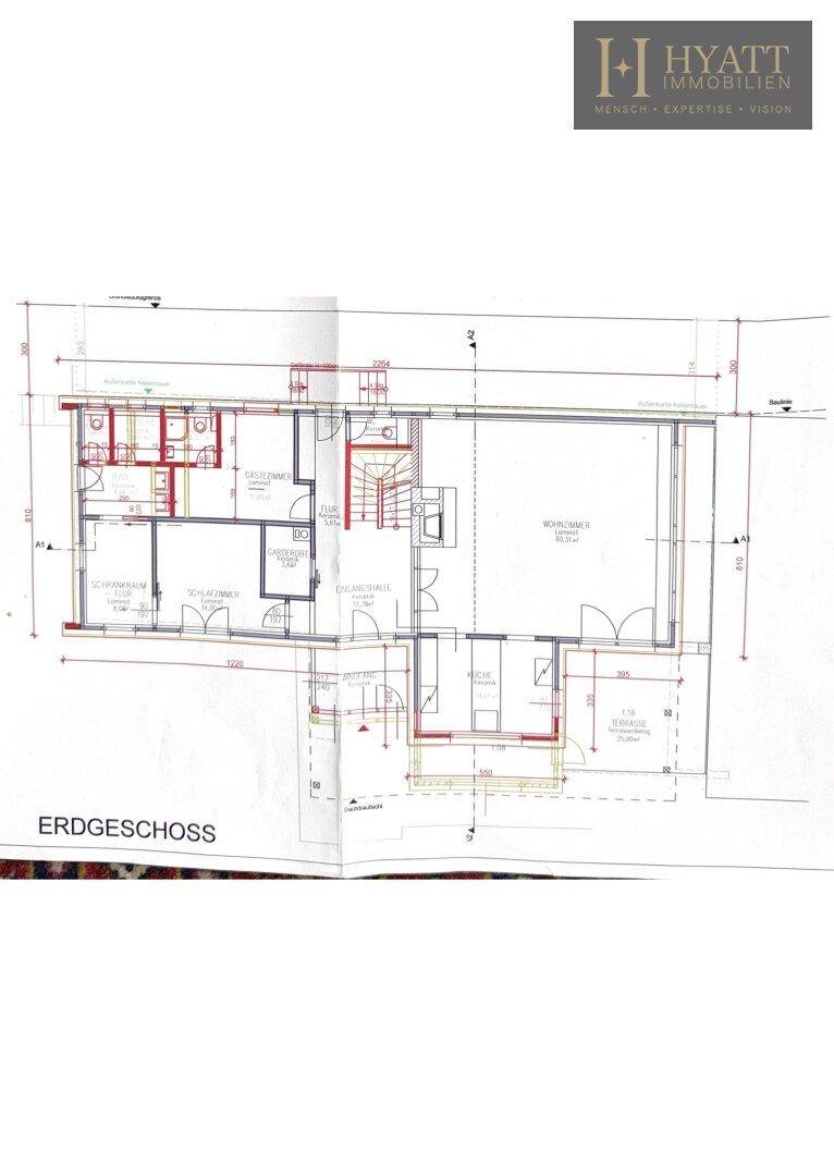 Technischer Grundriss des Erdgeschosses mit Wohnbereich, Küche und Schlafzimmern.