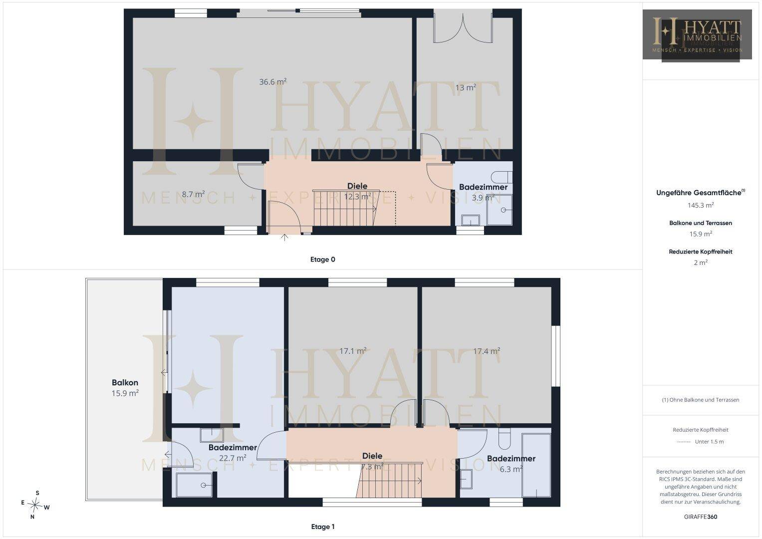 Grundrisspläne für Etage 0 und Etage 1 mit Raumaufteilung und Flächenangaben.