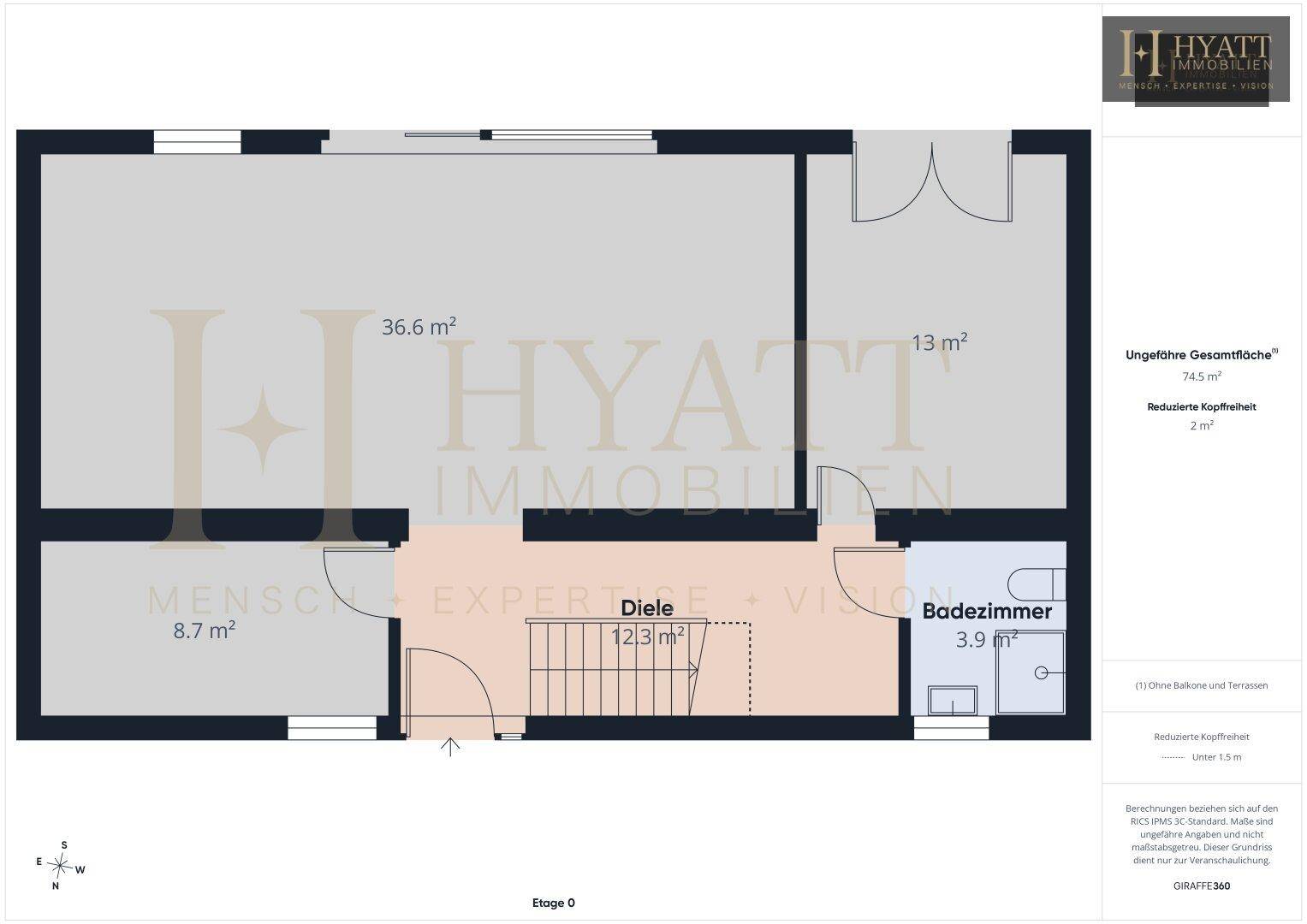 Grundriss für Etage 0 mit Wohnbereich, Diele und Badezimmer.