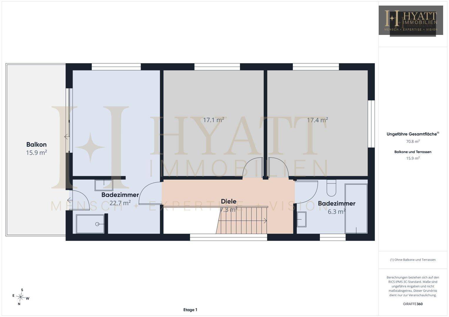Grundriss für Etage 1 mit Schlafzimmern, Badezimmern und großem Balkon.