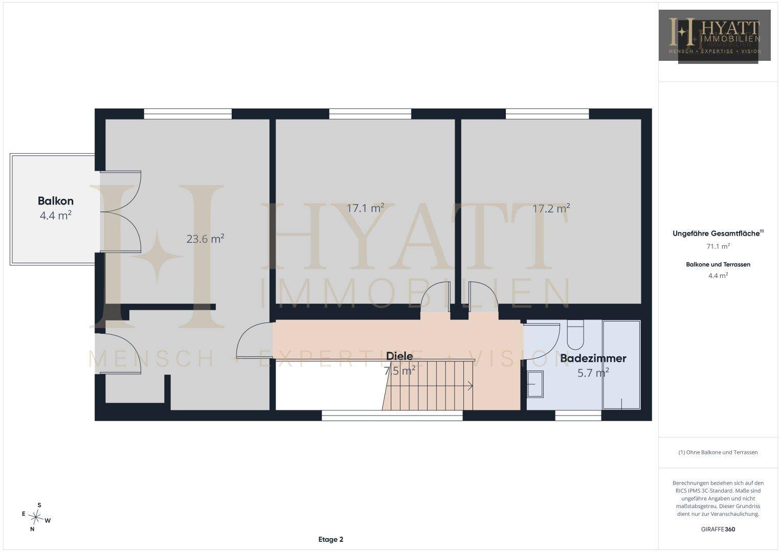 Detaillierter Grundriss der Etage 2 mit drei Zimmern, Bad und Balkonzugang.