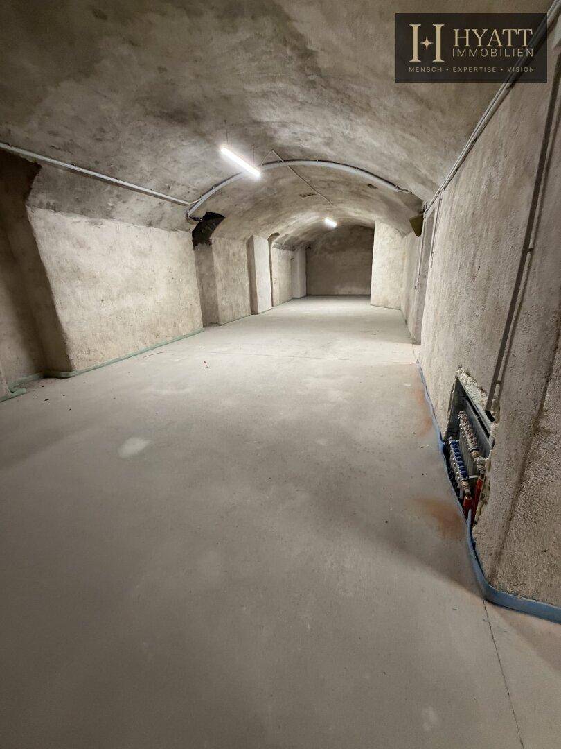 Langer Kellerraum mit Gewölbedecke, Betonboden und sichtbaren Leitungen, ideal als Lager.