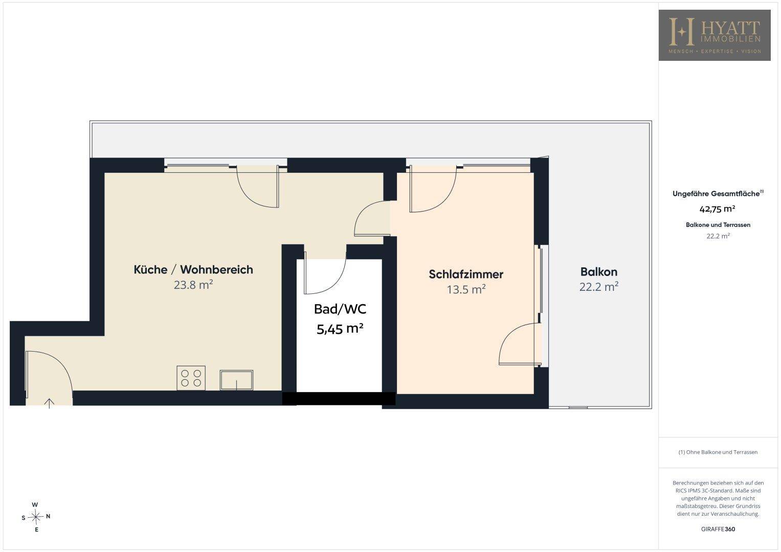 Grundriss einer kompakten Wohnung mit offenem Wohn-/Kochbereich, Schlafzimmer, Bad und großem Balkon.