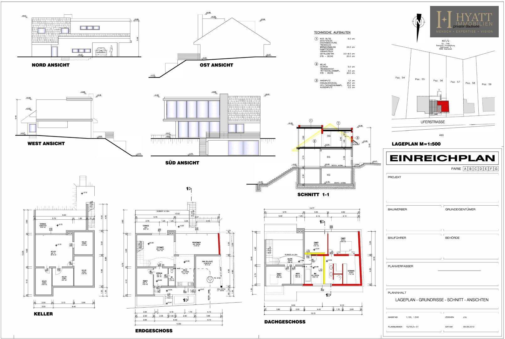 Umfassender Einreichplan mit Ansichten, Schnitt und Grundrissen für Keller, Erdgeschoss und Dachgeschoss.