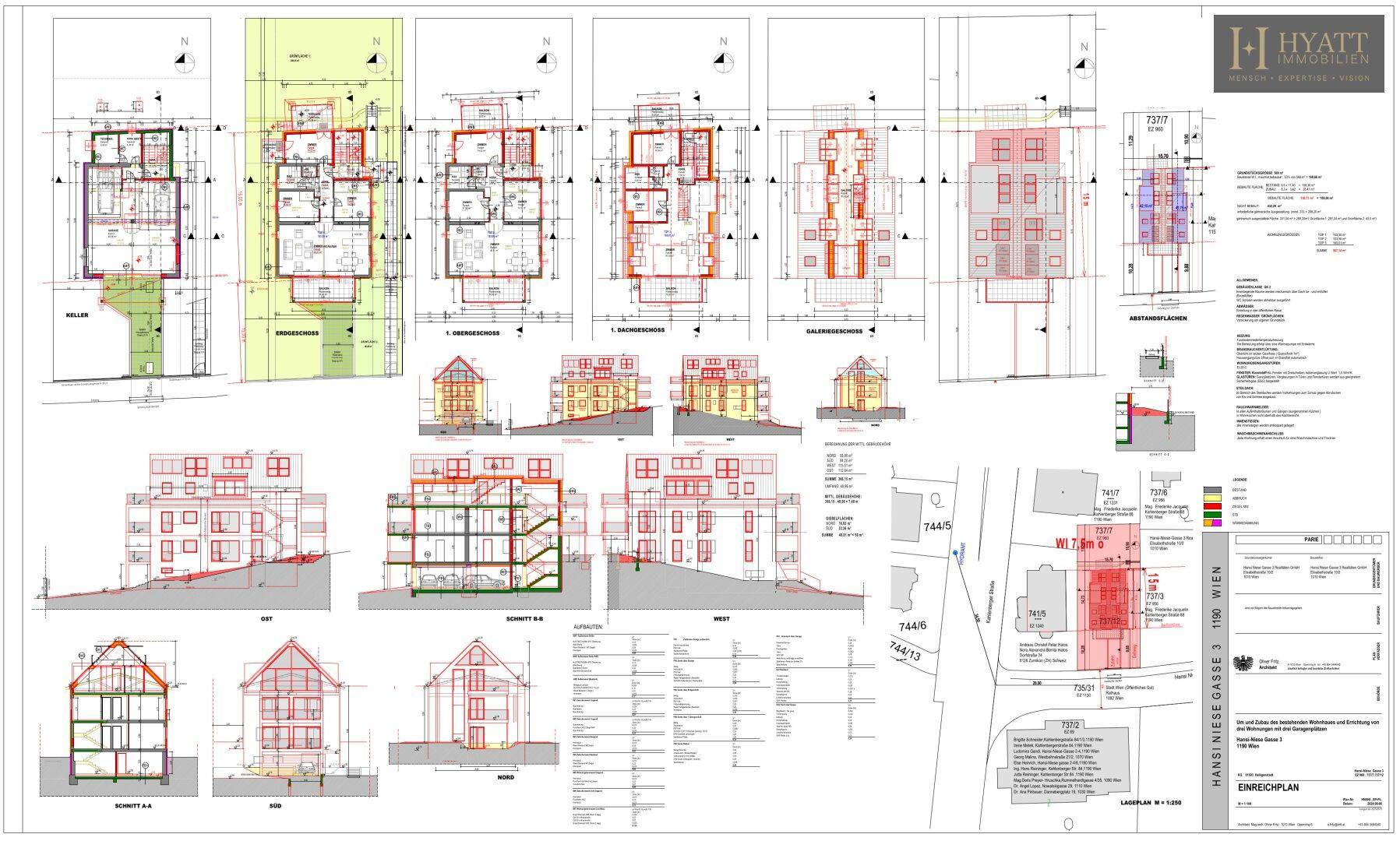 Umfassende architektonische Pläne mit Grundrissen, Ansichten und einem Lageplan des Gebäudes.