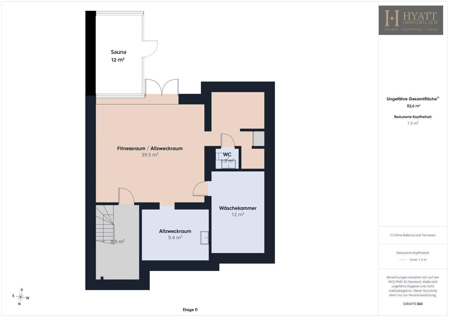 Grundriss des Untergeschosses mit Sauna, Fitnessraum, Hauswirtschaftsraum und Gäste-WC.
