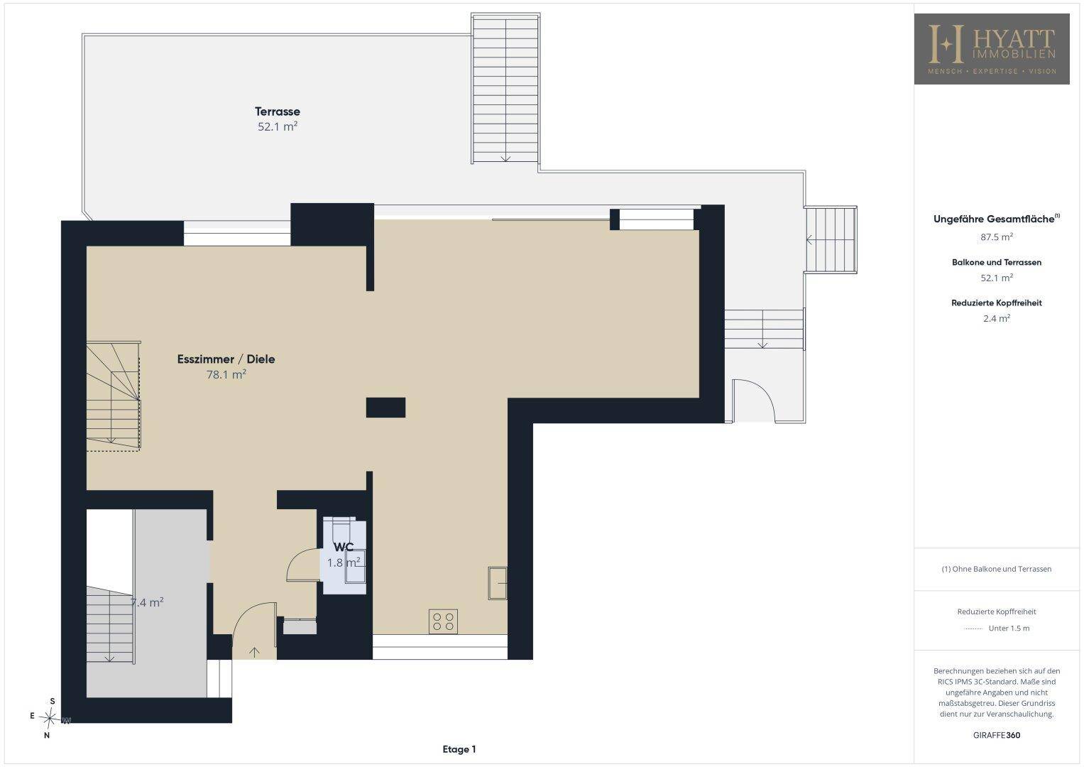 Grundriss der ersten Etage mit großem Essbereich, Diele und weitläufiger Terrasse.