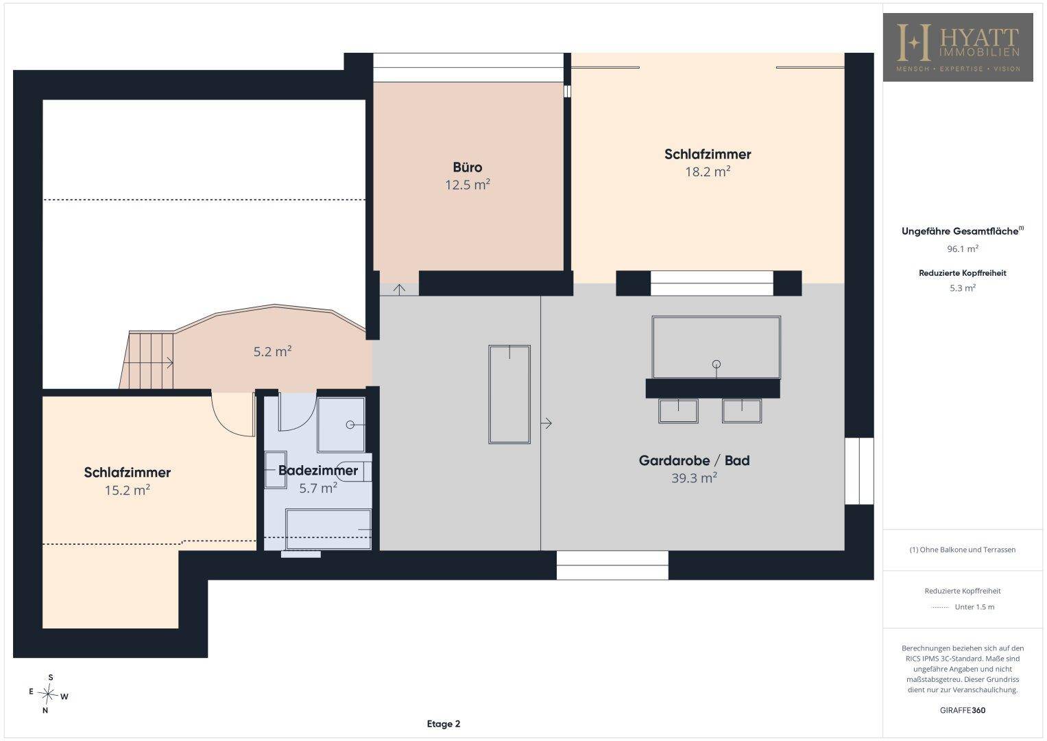 Grundriss der zweiten Etage mit Schlafzimmern, Büro und luxuriösem Badezimmer mit Ankleidebereich.