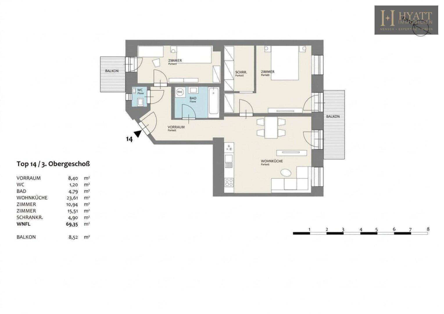 Grundriss einer Wohnung mit offener Wohnküche, zwei Schlafzimmern und zwei Balkonen.