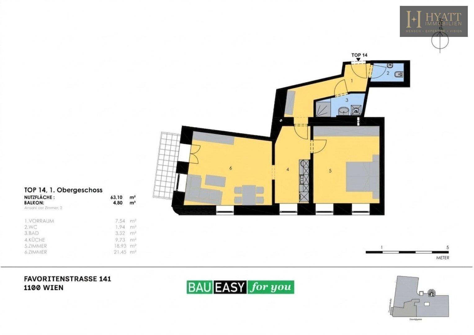 Grundriss einer modernen Wohnung im ersten Obergeschoss mit Balkon, offenem Wohnbereich und separatem Schlafzimmer.