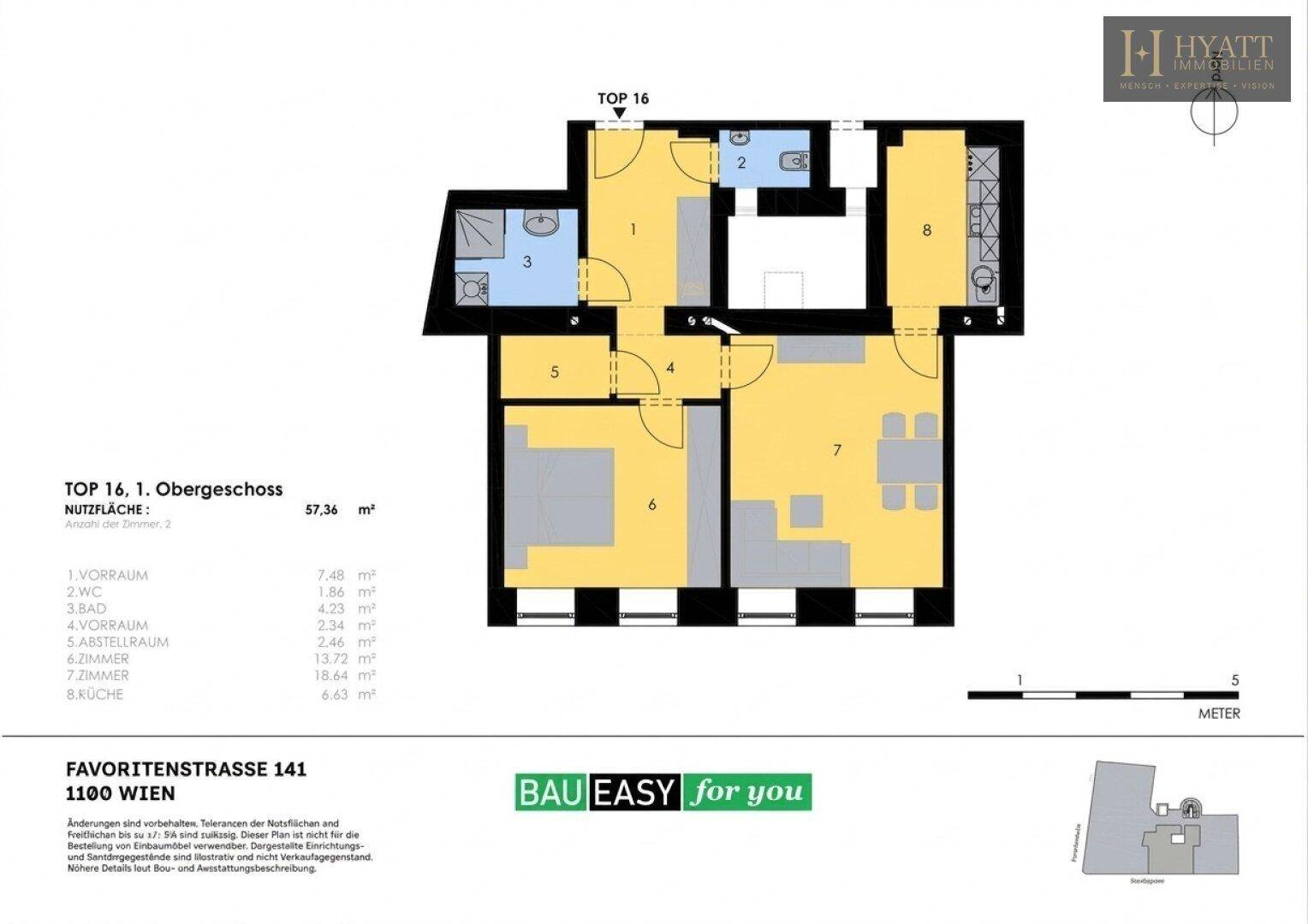 Grundriss einer Wohnung im ersten Obergeschoss mit separater Küche, Wohn-Essbereich und Schlafzimmer.