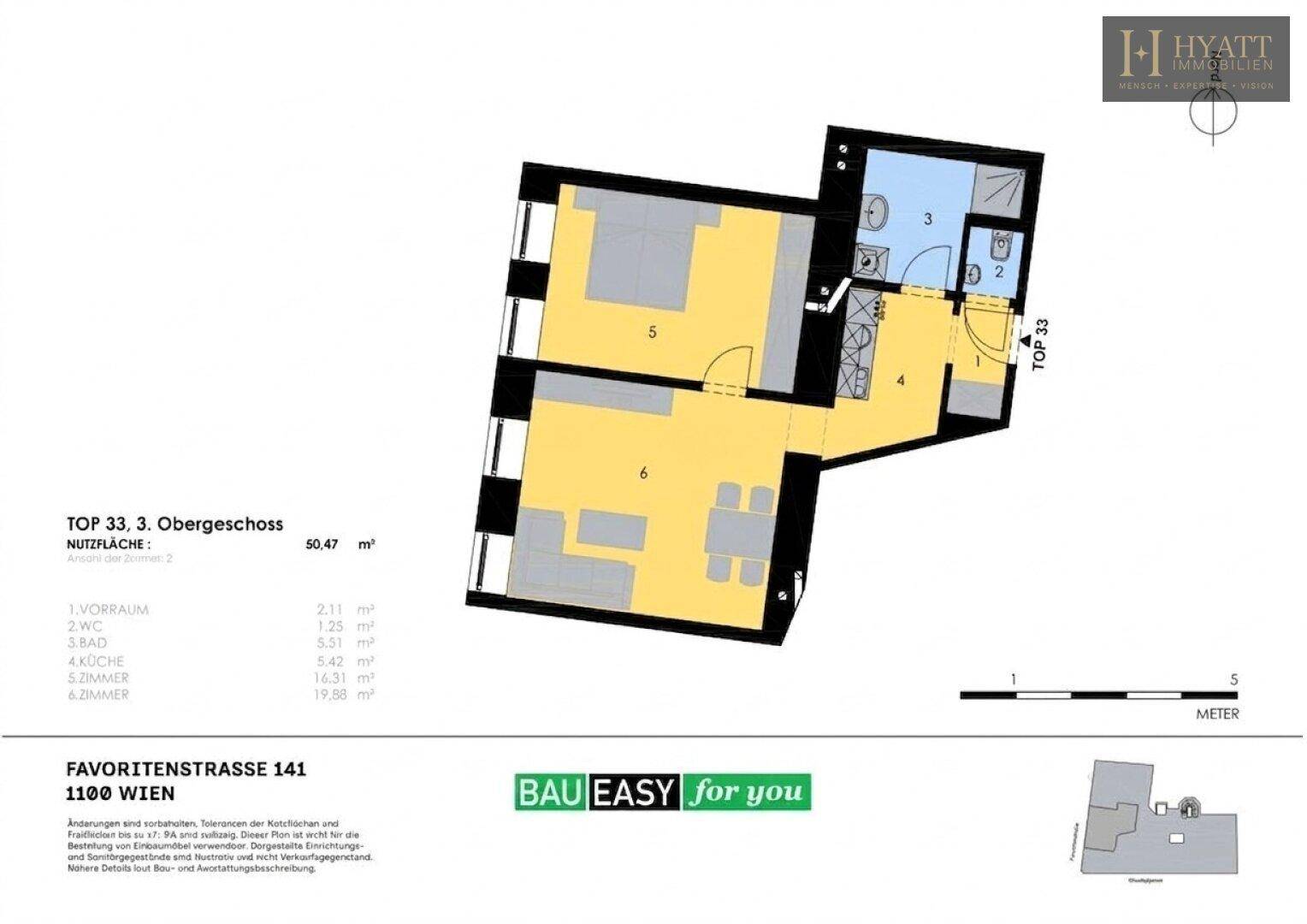 Grundriss einer Wohnung im 3. Obergeschoss mit 50.47 m² Nutzfläche, inklusive Schlafzimmer, Wohnzimmer, Küche und Bad.
