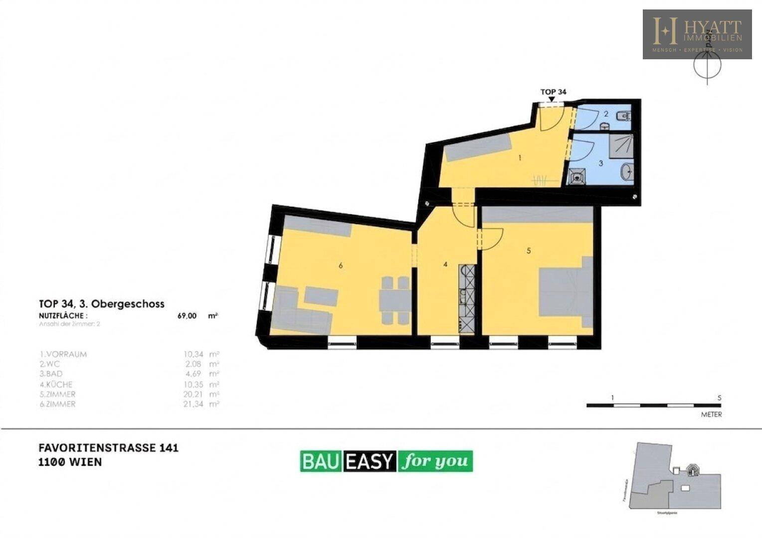 Grundriss der Wohnung Top 34 im 3. Obergeschoss mit Küche, Bad, separatem WC und zwei weiteren Zimmern.