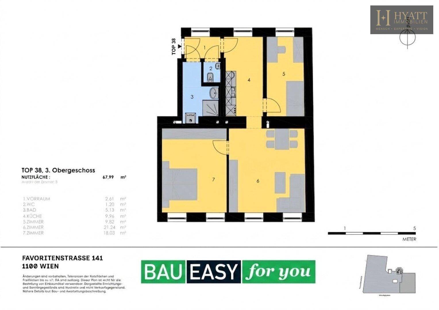 Grundriss der Wohnung TOP 38 im 3. Obergeschoss mit separatem WC, Bad und mehreren Zimmern.
