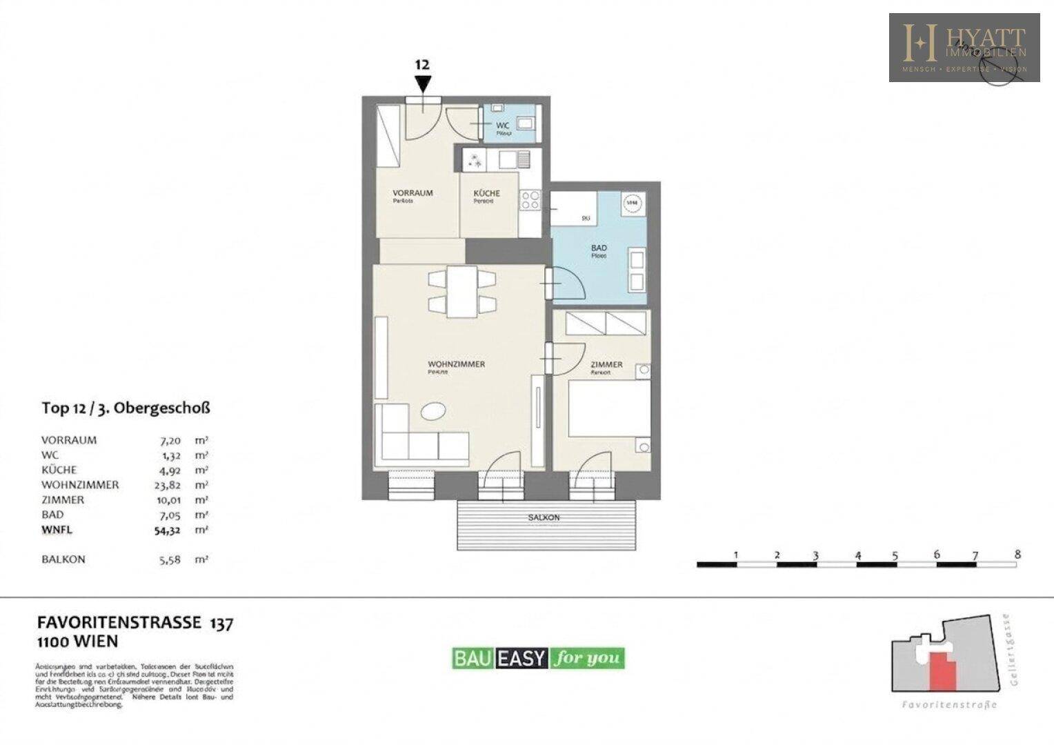 Grundriss einer Wohnung im 3. Obergeschoss mit offenem Wohnbereich, separater Küche, Schlafzimmer und Balkon.