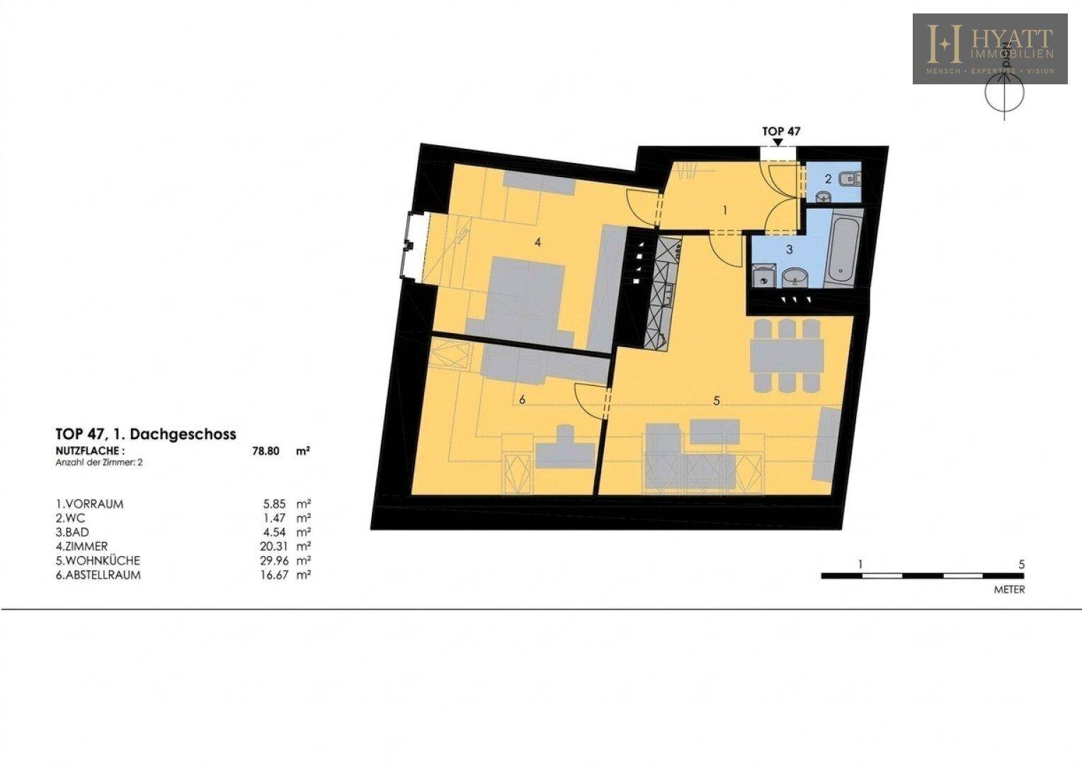 Grundriss des 1. Dachgeschosses mit offenem Wohn- und Küchenbereich, einem Zimmer, Bad und separatem WC.