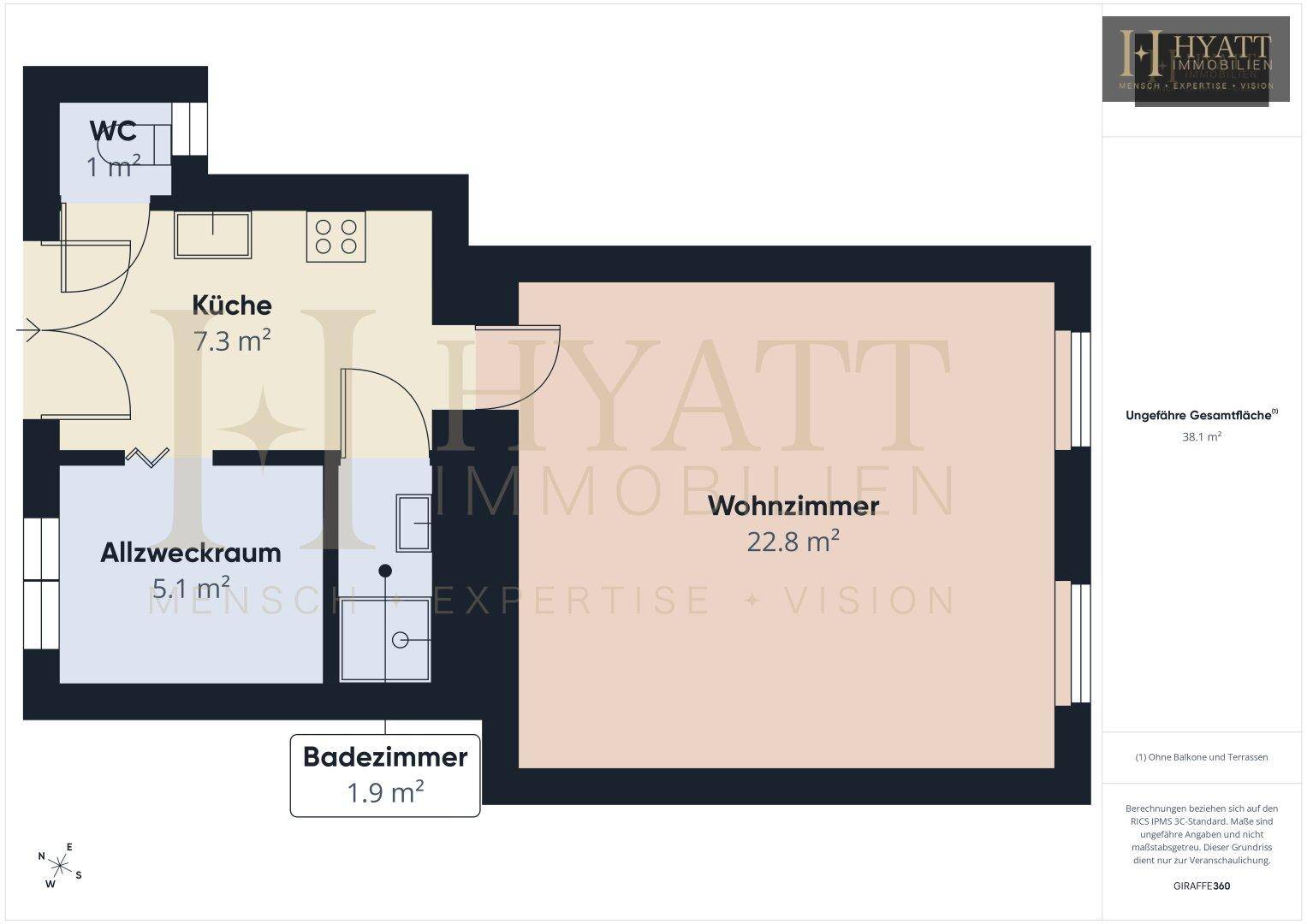 Grundriss der Wohnung mit Wohnzimmer, Küche, Bad und separatem WC.