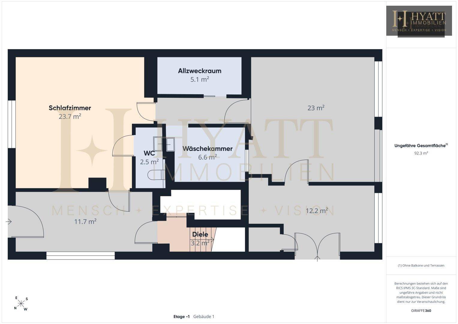 Detaillierter Grundriss der Etage -1 von Gebäude 1 mit Schlafzimmer, WC und Waschküche.