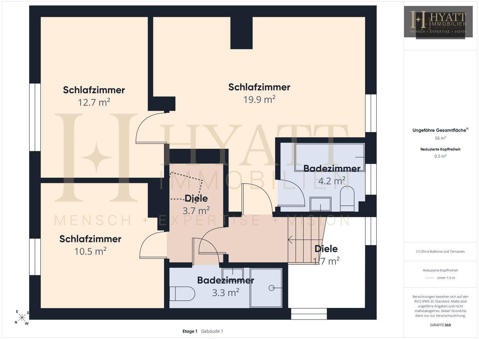 Grundriss der Etage 1 von Gebäude 1 mit drei Schlafzimmern und zwei Badezimmern.