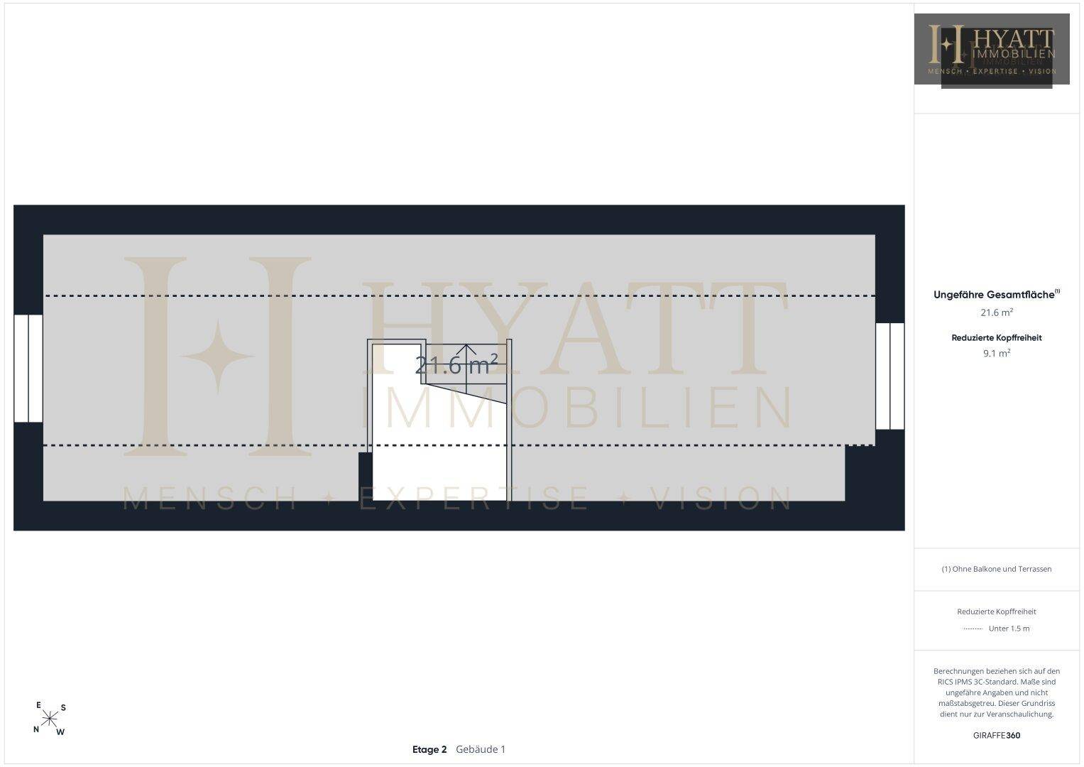 Grundriss der Etage 2 von Gebäude 1 mit Dachschräge und reduziertem Kopfraum.