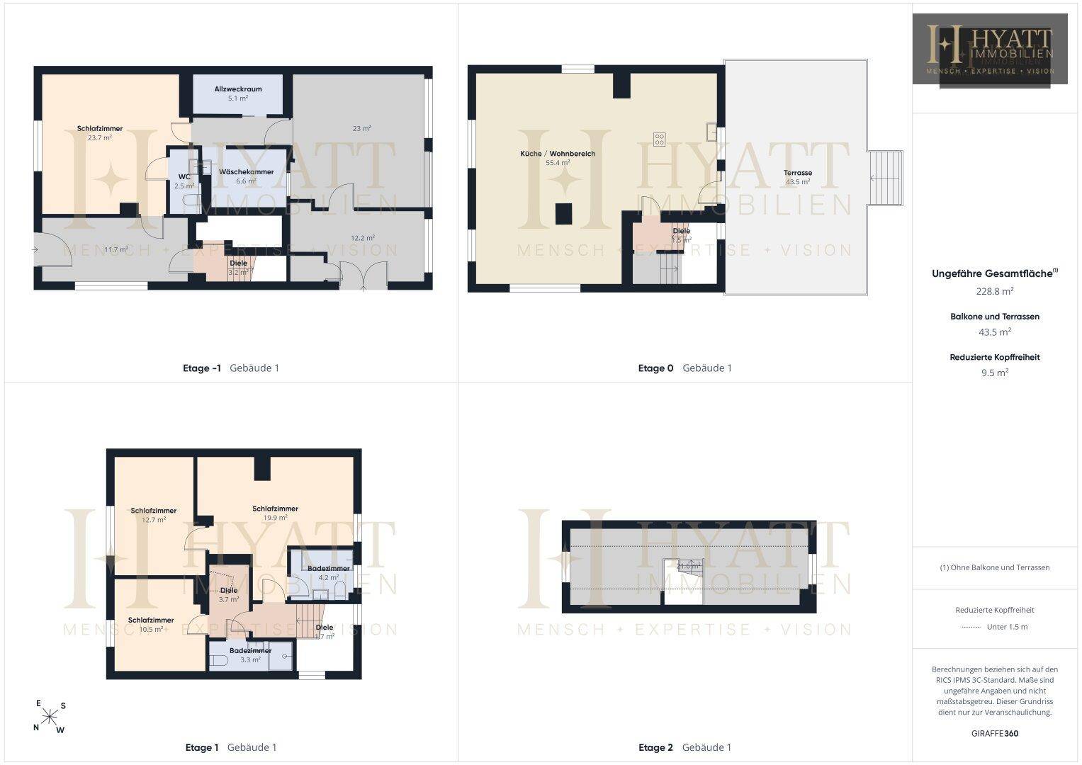 Übersicht der Grundrisse für Gebäude 1 und Gebäude 2 mit verschiedenen Etagenlayouts.