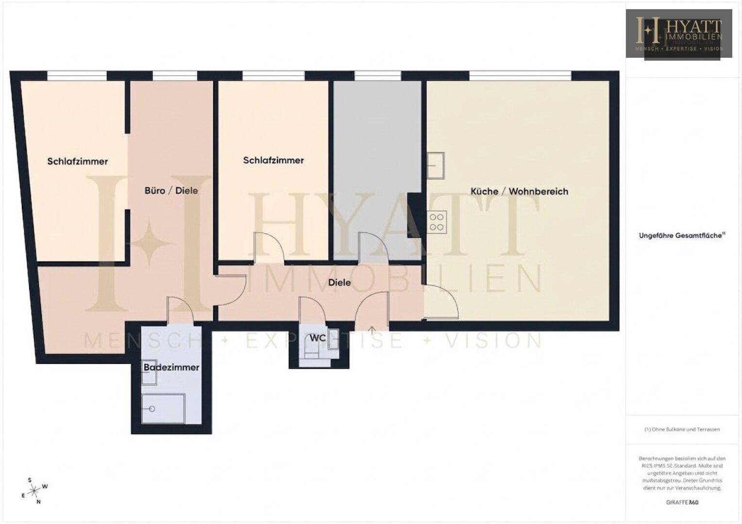 Grundriss der Wohnung mit Schlafzimmern, Büro und offenem Wohnbereich.
