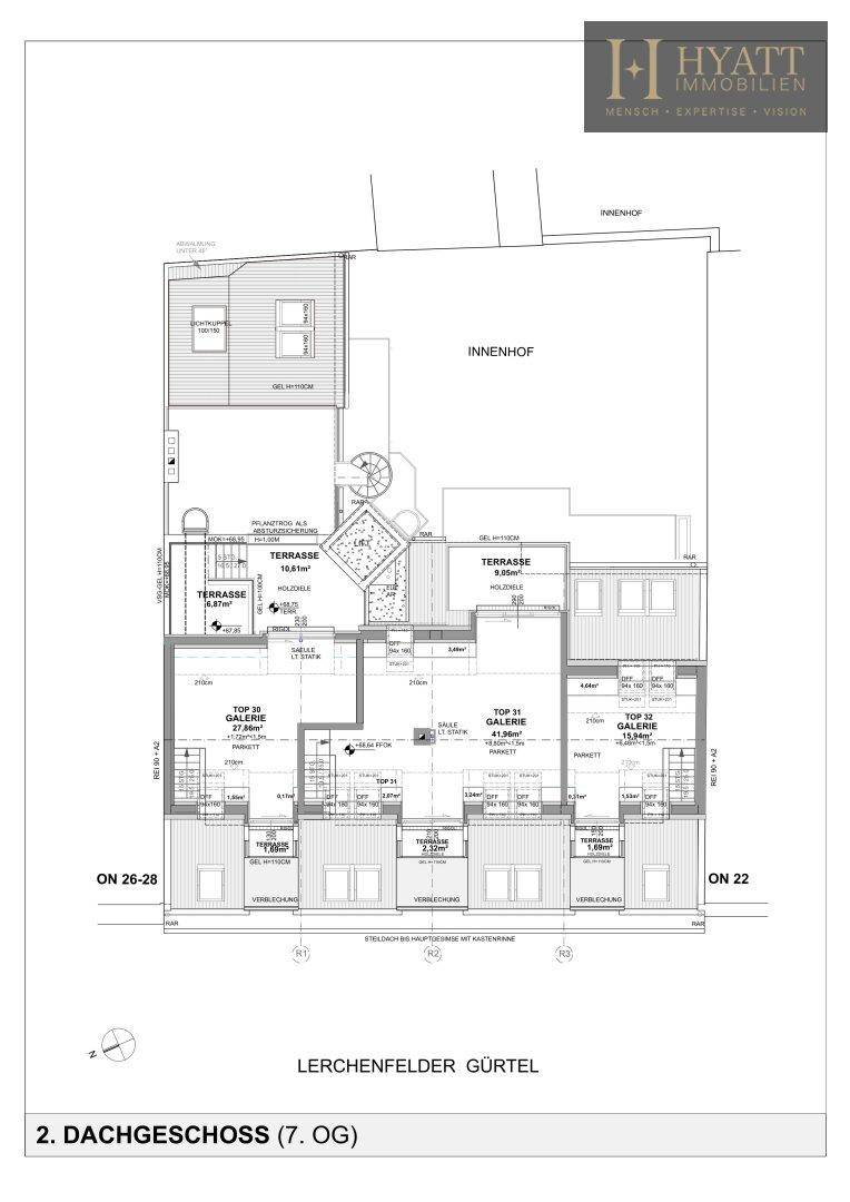 Grundriss des 2. Dachgeschosses mit Galerie, Terrassen und Blick auf den Innenhof.