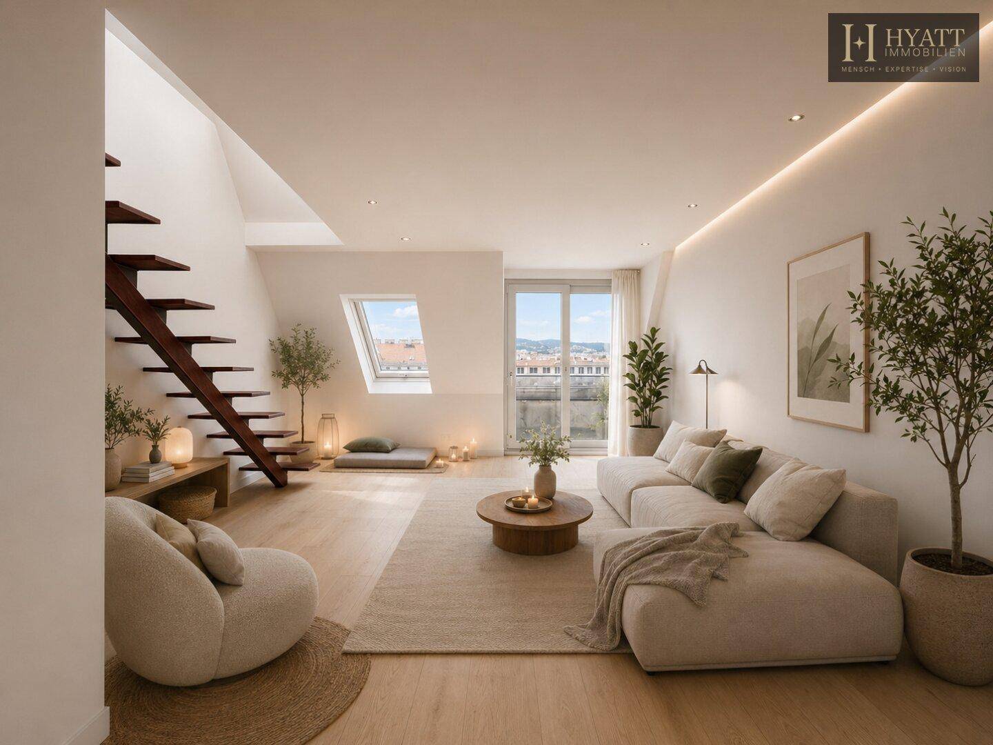 Gemütliches Wohnzimmer mit Dachschrägen, Holzboden, Dachfenstern und moderner Einrichtung.