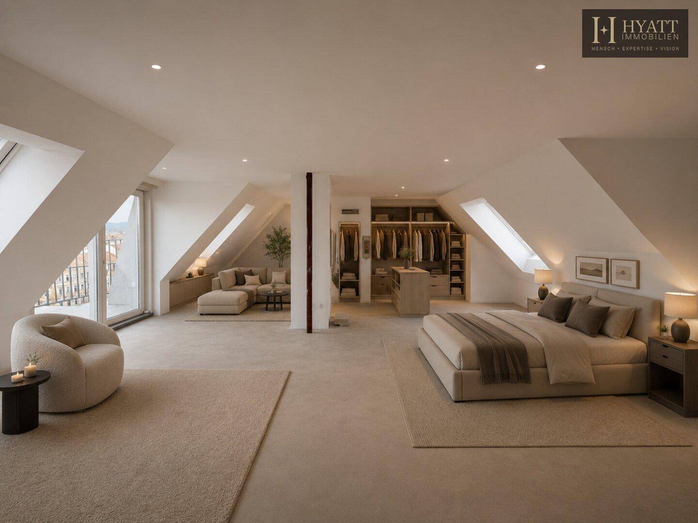 Luxuriöses Schlafzimmer im Dachgeschoss mit begehbarem Kleiderschrank und gemütlicher Sitzecke.