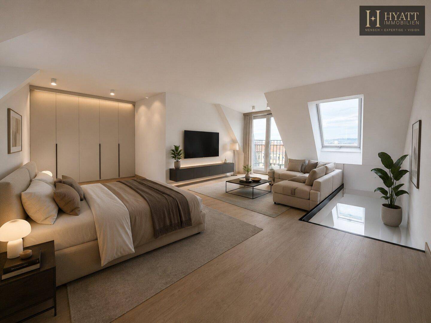 Großzügiges Schlafzimmer mit Holzboden, Einbauschränken und Zugang zum Balkon.