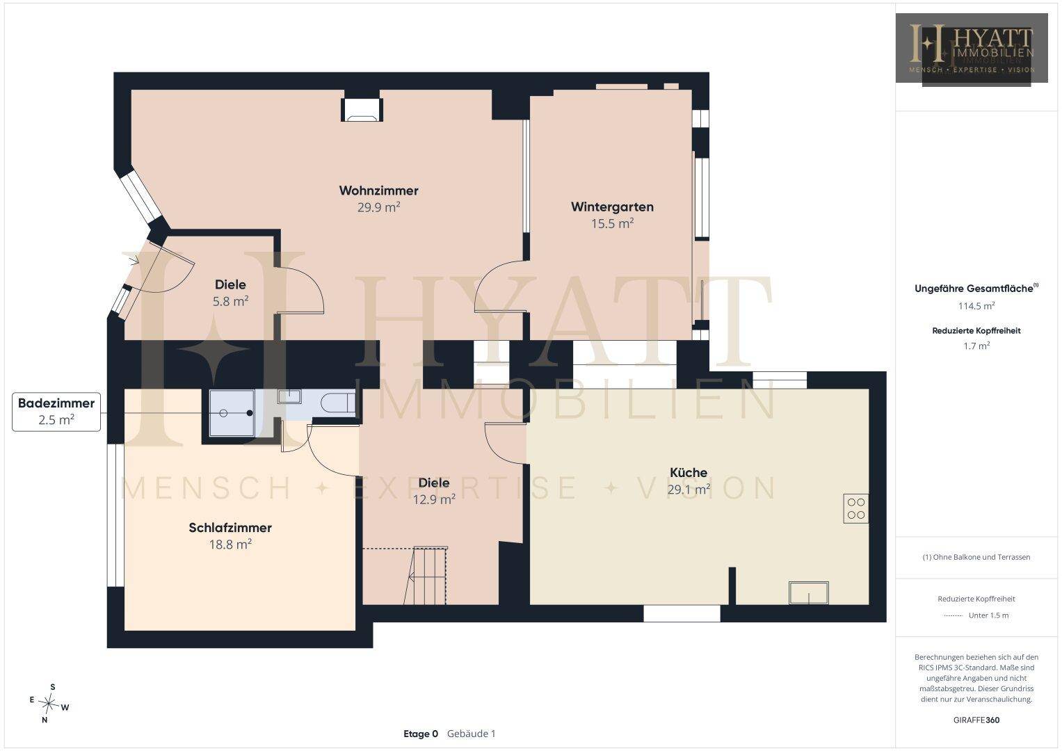 Detaillierter Grundriss der Erdgeschossebene mit Küche, Wohnzimmer und Wintergarten.
