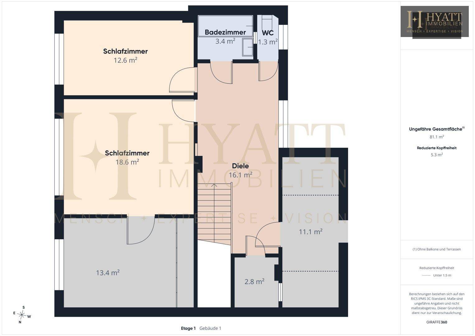 Grundriss der ersten Etage mit zwei Schlafzimmern, einem Badezimmer und separatem WC.