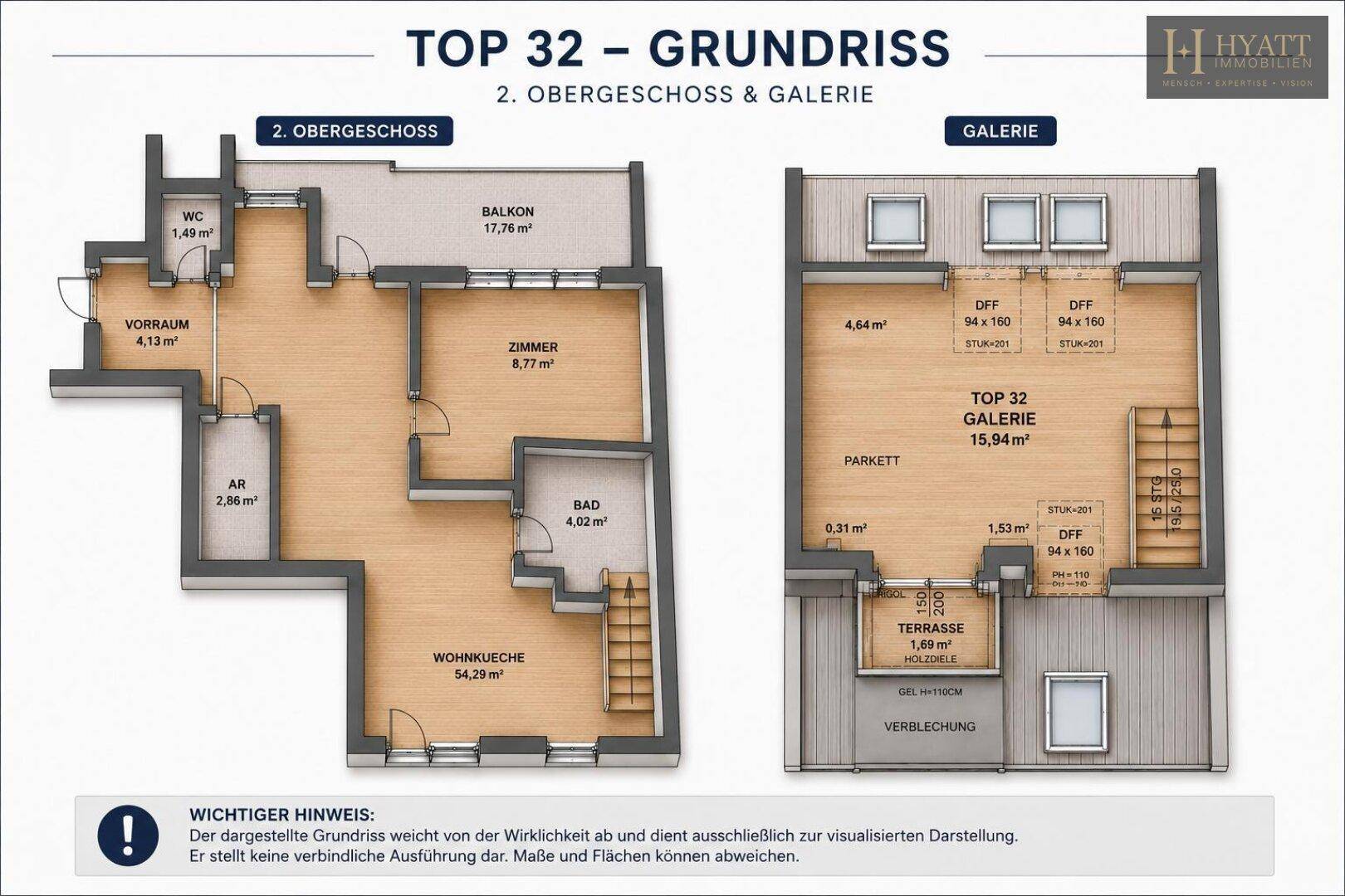Grundriss der Wohnung Top 32 mit zwei Ebenen, Balkon und Terrasse.