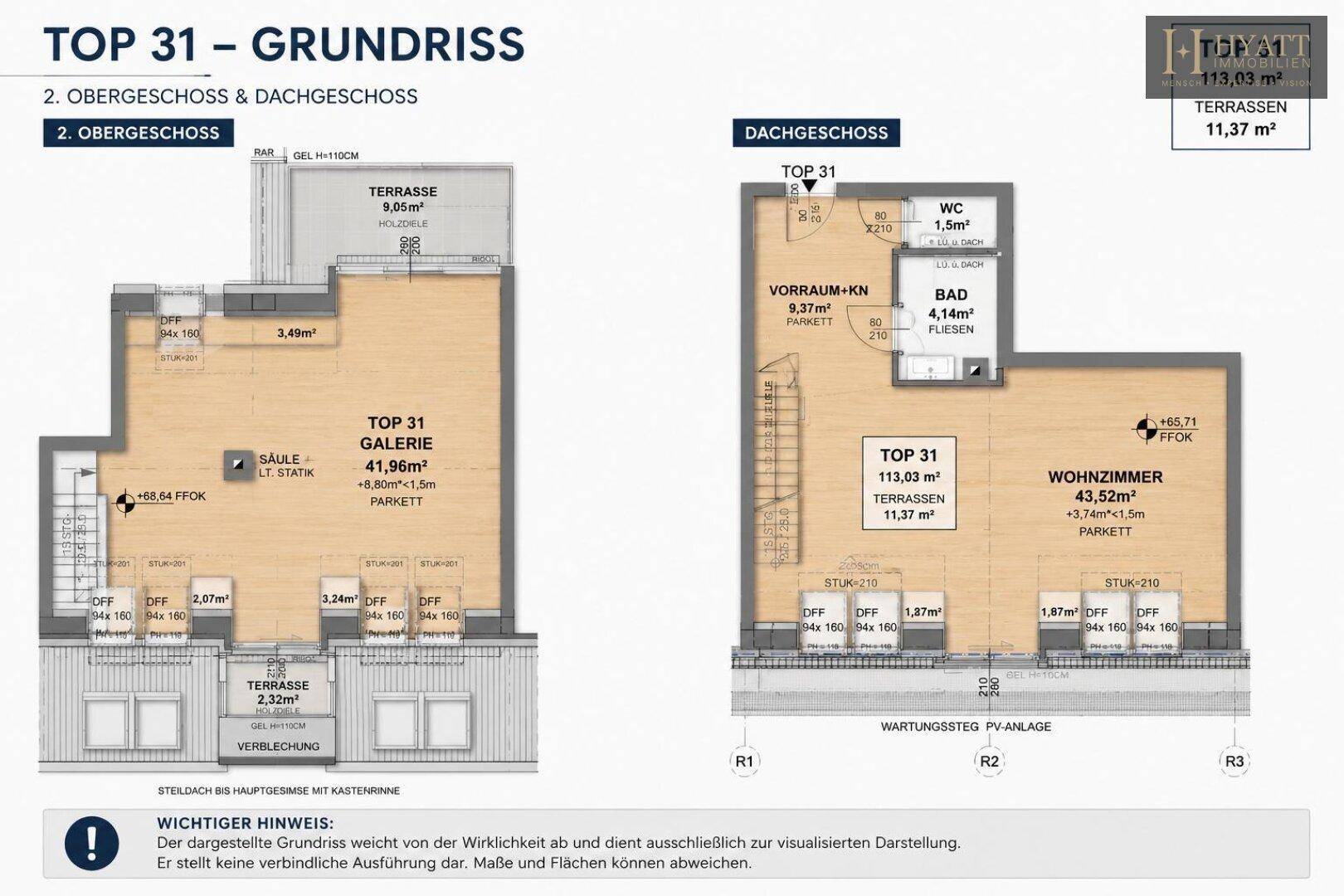 Grundriss für TOP 31 über zwei Ebenen mit Terrassen, Galerie und offenem Wohnbereich.