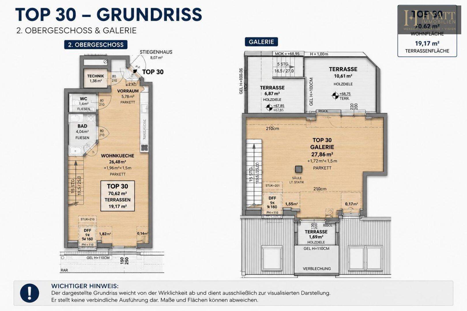 Grundriss des 2. Obergeschosses und der Galerie mit Wohnküche und Terrassen.