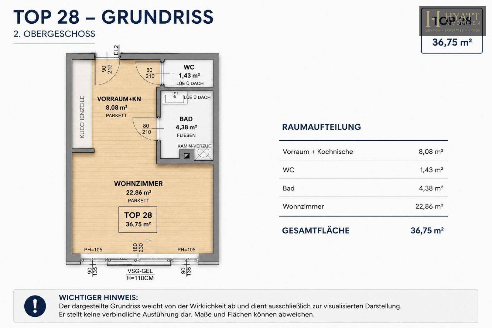 Grundriss der Wohnung TOP 28 mit Wohnzimmer, Kochnische, Bad und WC auf 36,75 m².