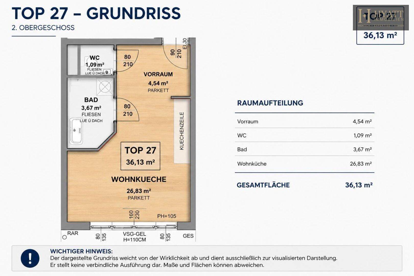 Detaillierter Grundriss der Einheit TOP 27 im 2. Obergeschoss mit Wohnküche und Bad.