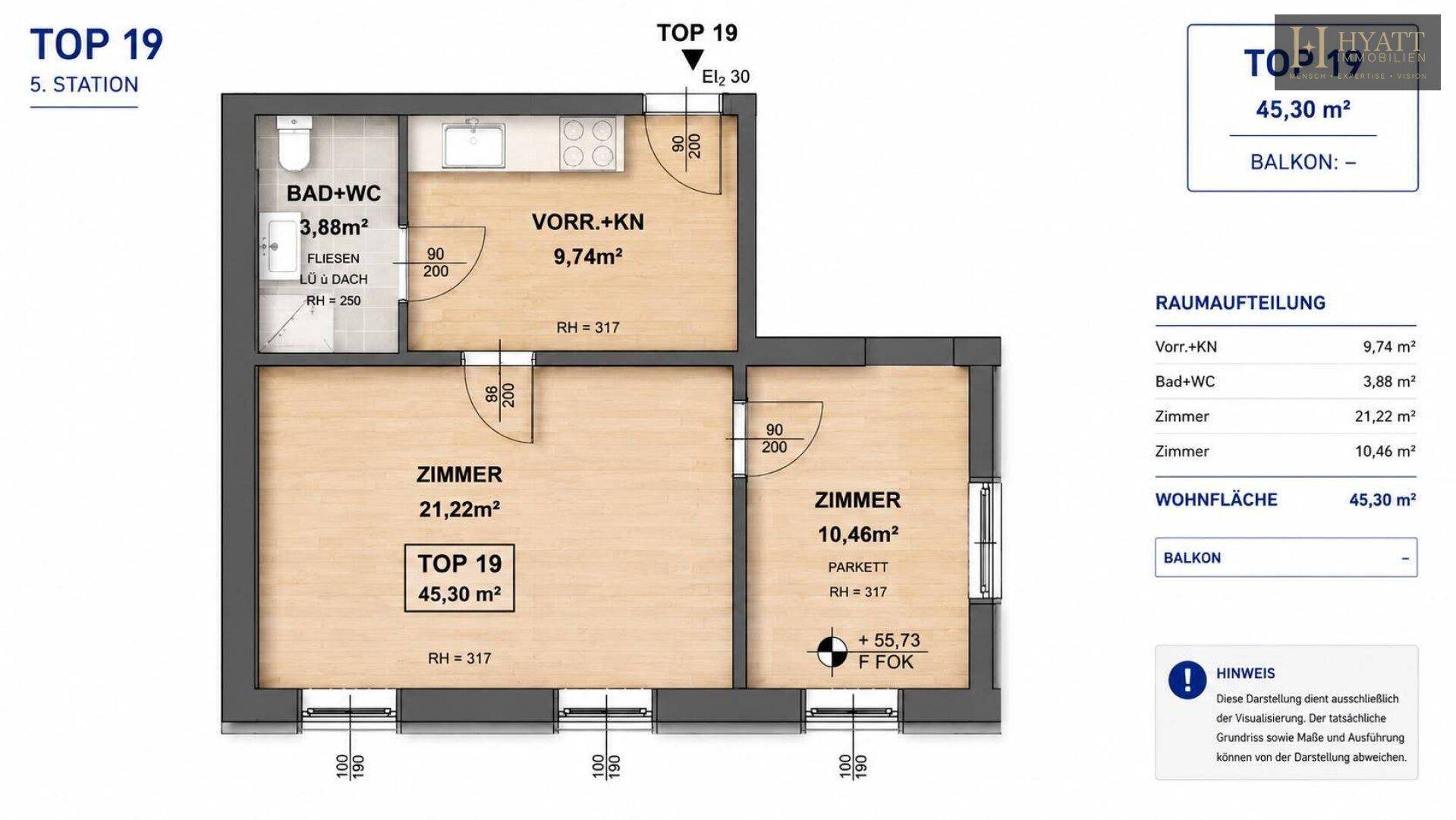 Detaillierter Grundriss einer Wohnung mit 45,30 m² Wohnfläche und Balkon.