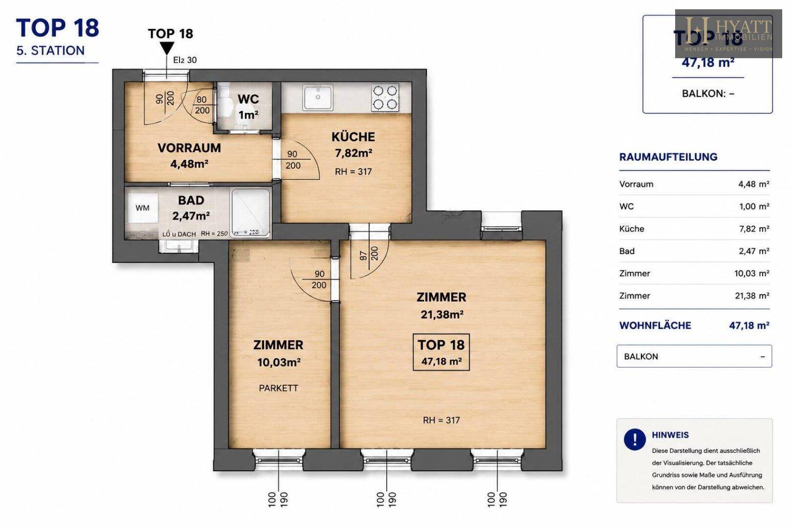 Detaillierter Grundriss der Wohnung TOP 18 mit 47,18m² Wohnfläche und Balkon.